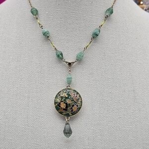 Vintage Chinese cloisonné enamel necklace With Glass Beads In Goldtone
